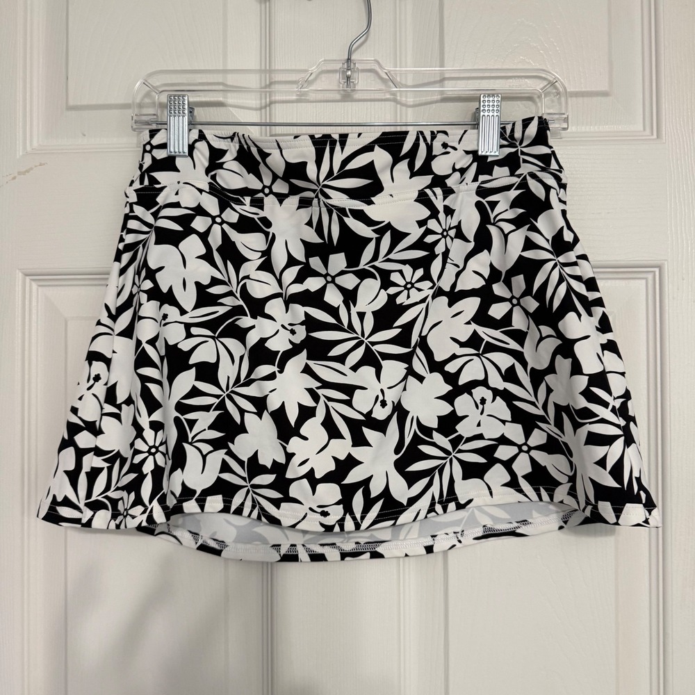 Lands End Womens 6P Black White Hibiscus Floral Print Swim Skirt Built-in Brief